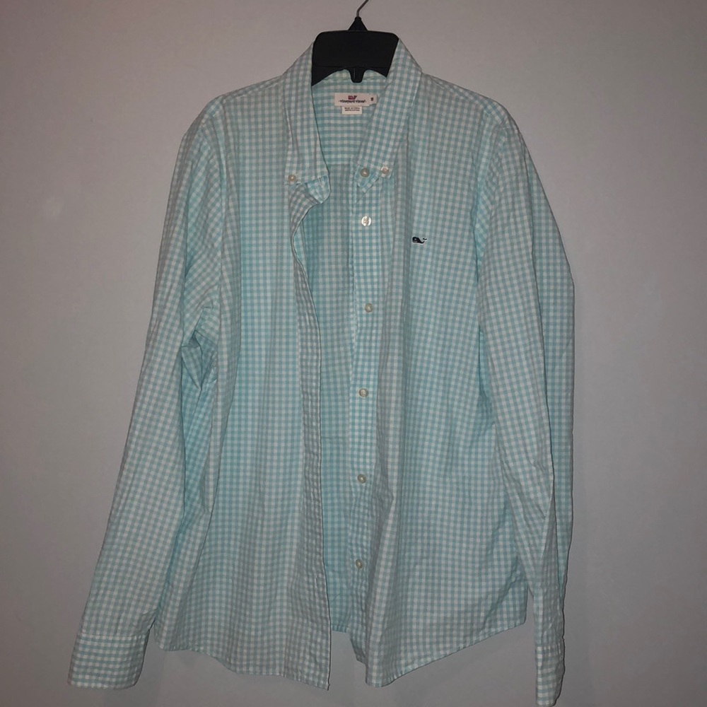 Blue and white checkered vineyard vine blouse!!